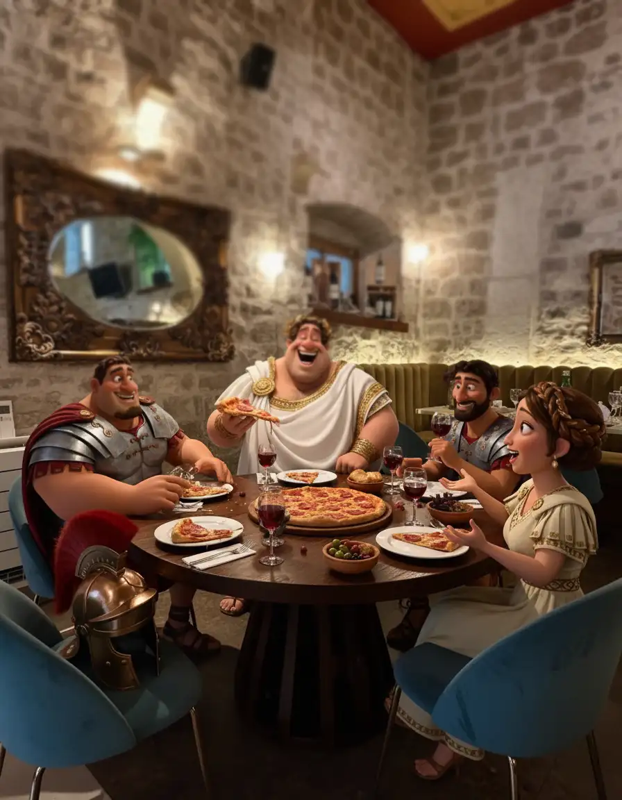 Rimski gosti za stolom u Lvxoru, uz pizzu i vino